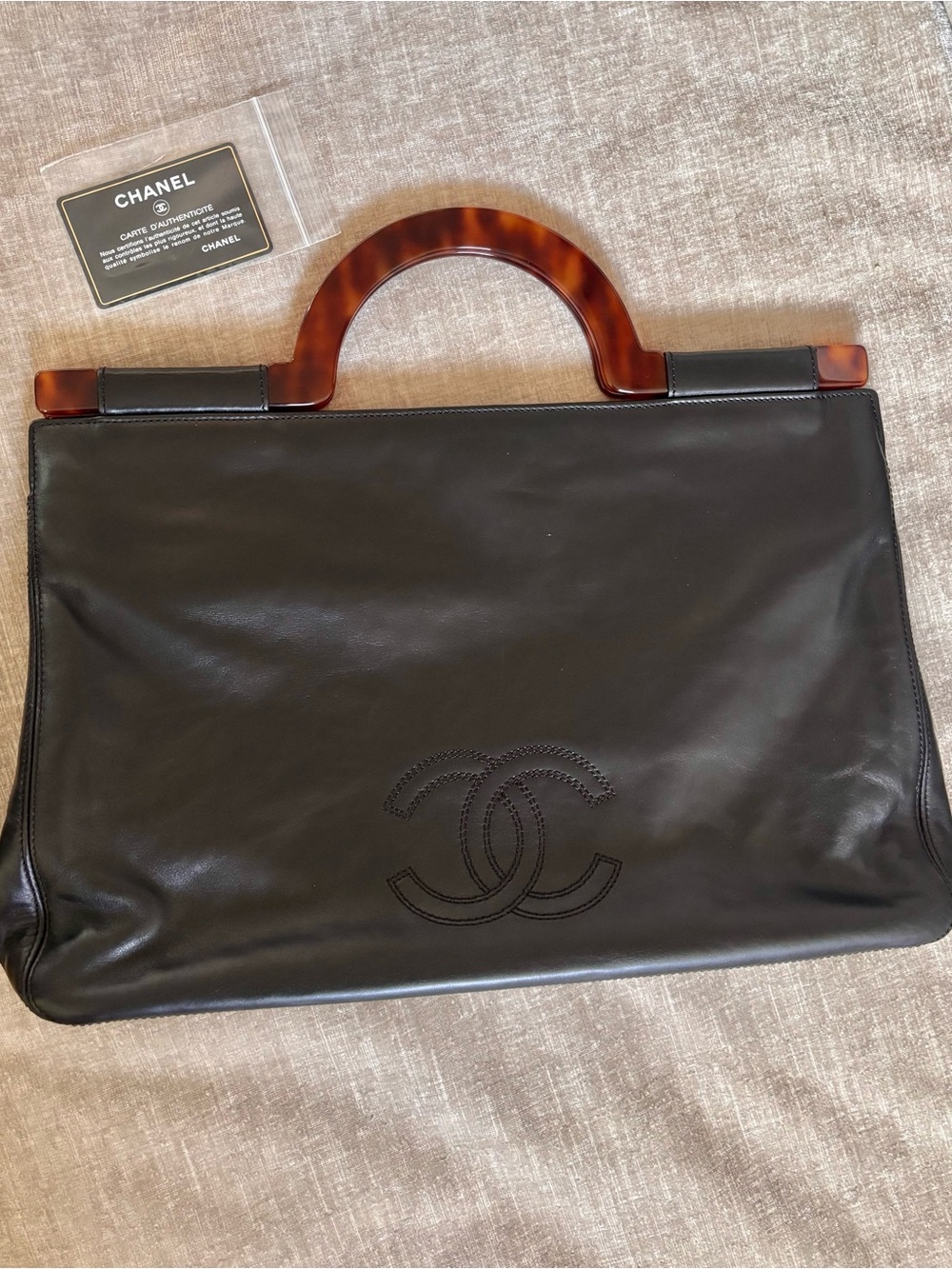 Authentic Chanel black lambskin resin top handle bag oversized clutch